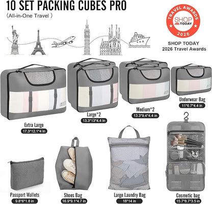 Veken 10 Set Packing Cubes for Travel Essentials,Anti-Wrinkle Buckled Suitcase Organizer for Shoe & Toiletry Bag,Carry On Luggage Bag with 99+ Count Mesh Holes for Airplane & College Dorm Accessories