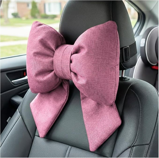 Cute Bow Car Headrest Pillow, Soft Comfortable Bow Auto Seat Pillow with Adjustable Strap, Breathable Ergonomic Neck Support Cushion Bowtie Decoration for Most Vehicles (Pink)