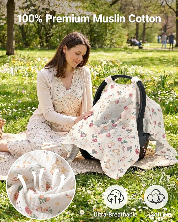 Metplus 100% Muslin Car Seat Cover Baby & Nursing Cover, Soft Breathable Infant Carseat Canopy for Summer, Stroller & Carrier Sunshade for Boys Girls (Cute Rabbit)