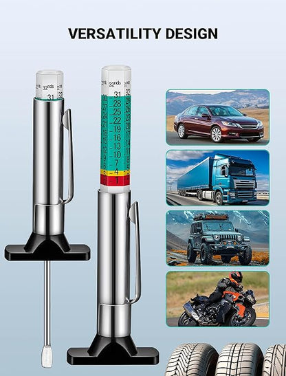 LUMITECO 2-Pack Tire Tread Depth Gauge, Color Coded Tire Depth Gauge with Pocket Clip in 1/32 Inch Increments, Accurate Tread Gauge Depth 32nds Measuring Tool for Car, Semi Truck Tire Tread Checker