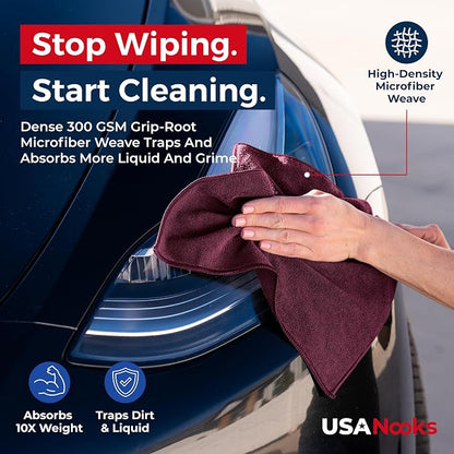 USANOOKS Premium 300GSM Microfiber Cleaning Cloth - 12.5"x12.5" High Performance - 1200 Washes, Ultra Absorbent Microfiber Towels for Cars Undercarriage, Rims & Engine Bay Cleaning - Microfiber Cloth