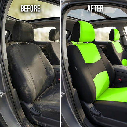 FH Group Bright Flat Cloth Full Set Automotive Seat Covers Front Set and Rear Solid Bench Green Black Seat Covers w. Gift Universal Fit Interior Accessories for Cars Trucks and SUVs