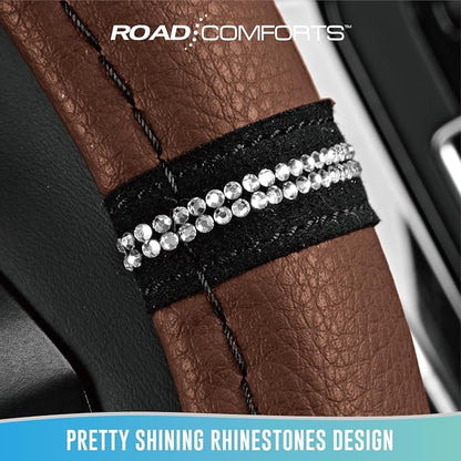 Road Comforts Leopard Steering Wheel Cover for Women, Cute Anti-Slip Microfiber Leather, Universal Fit 14.5-15 Inch Round Steering Wheel - Brown