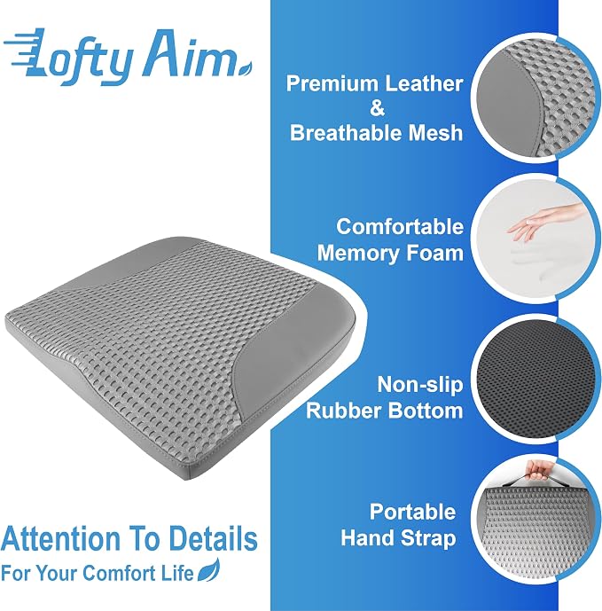 Lofty Aim Car Seat Cushion, Comfortable Memory Foam Seat Pillow for Driving, Sciatica-Back Pain Relief, Cushion for Car-Truck, Office, Wheelchair - Dark Grey