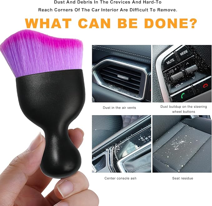 Car Interior Detailing Brush, Curved Car Interior Cleaning Brush with Ultra Soft Bristles & Dust Cover, Scratch-Free Auto Dusting Brushes for Dashboard AC Vent Leather (Purple)