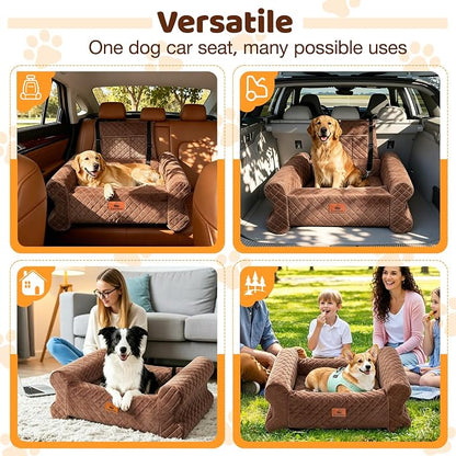 Dog Car Seat for Medium/Large Dogs up to 60 lbs, Memory Foam Dog Booster Seat with Thick Cushion, Pet Car Seat for Back with Detachable Washable Cover, Storage Pockets for SUV, Pick Up, Trunk, Brown