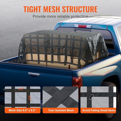 VEVOR Cargo Net with Mesh, 120 in x 105 in, Heavy Duty Truck Cargo Net-(WLL) 1,500lbs, 4 Adjustable Straps with Carabiners & S-Hooks, Truck Bed Cover for Trailer, Pickup, Boat, Jeep, SUV 8.75’x10’