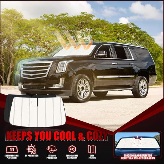 Windshield Sun Shade for Escalade/Escalade ESV,Suburban,Tahoe,Yukon XL 2015-2020, Front Window Visor Accessories, Folding Design Blocks Heat & UV Rays Maintain Cool Interior and Save Space