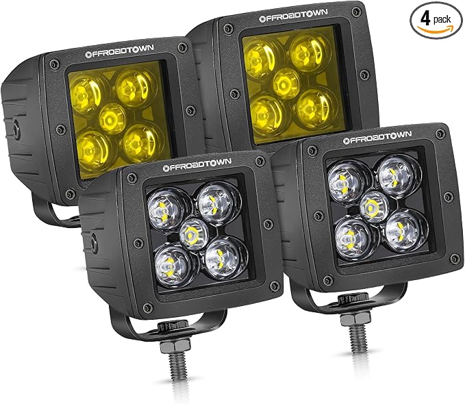 OFFROADTOWN LED Cubes, 4PCS 3 Inch 200W CREE LED Pods Spot Offroad Driving Lights 3x3 LED Cube Light Ditch Fog Lights for Truck Pickup UTV ATV SUV Boat 4x4 Car - White and Yellow