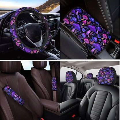 14 Pcs Purple Mushroom Car Seat Covers Full Set with Auto Steering Wheel Cover Armrest Cushion Protector Seat Belt Covers,Rianbow Mushroom Auto Accessories,Universal Fit Cars SUV Trucks