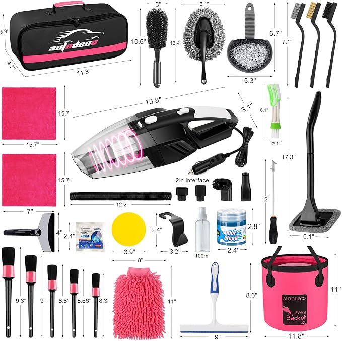 41Pcs Car Cleaning Wash Kit Interior Detailing Cleaner Kit with High Power Handheld Vacuum, Collapsible Bucket, Windshield Tool, Snow Shovel, Tire Brush, Complete Car Care Tools, Pink