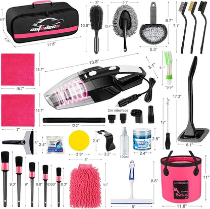41Pcs Car Cleaning Wash Kit Interior Detailing Cleaner Kit with High Power Handheld Vacuum, Collapsible Bucket, Windshield Tool, Snow Shovel, Tire Brush, Complete Car Care Tools, Pink