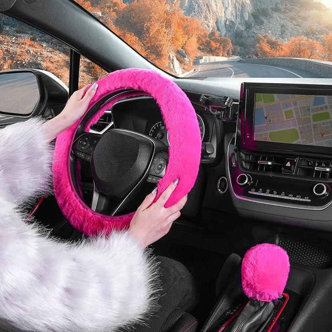 SEG Direct Furry Car Steering Wheel Cover with Gear Shift Cover, Soft and Warm, Cute Fluffy Auto Decor for Women Men, Standard Size, 2 PCS Set, Magenta