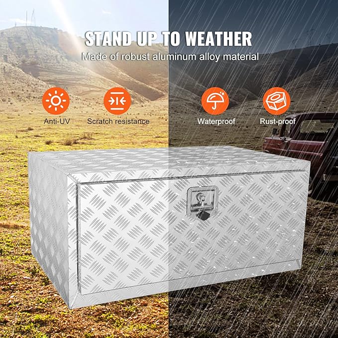VEVOR Underbody Truck Box, 36"×24"×24" Pickup Storage Box, Heavy Duty Aluminum Diamond Plate Tool Box with Lock and Keys, Waterproof Trailer Storage Box with T-Handle Latch for Truck, Van, Trailer