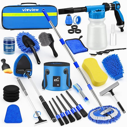 36Pcs Blue Car Wash Detailing Kit，Car Cleaning Set with Foam Gun Sprayer，Long-Handle Brush Mop，Large Collapsible Bucket，Complete Car Wash Supply Gift for Men and Women