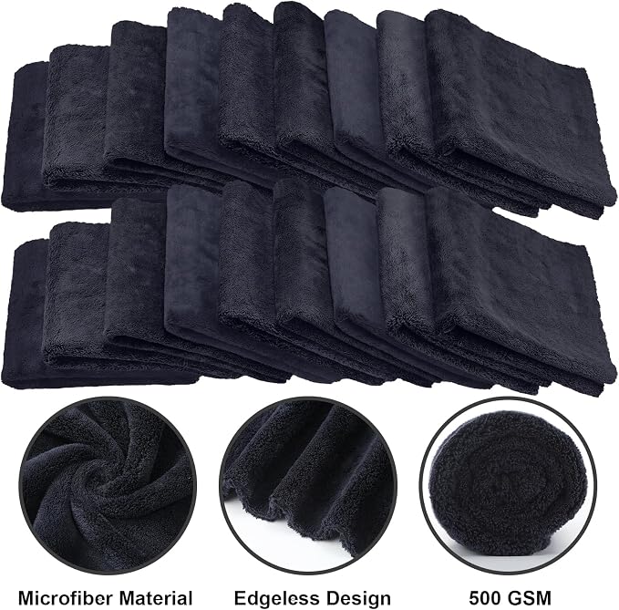 Shimeyao 40 Pcs 16 x 16 Inch Edgeless Microfiber Plush Towels for Cars Detailing Drying Wash Polishing Absorbent Cleaning Cloths, 500 GSM (Black)