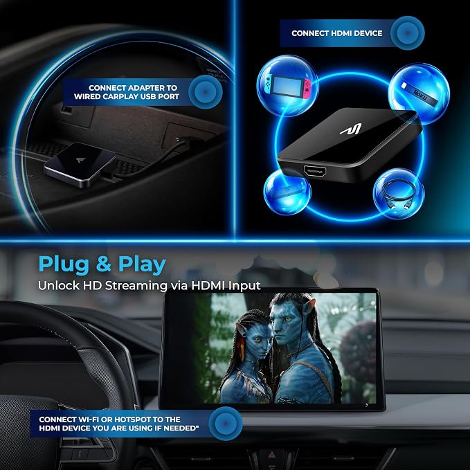 AutoSky CarPlay TV Adapter + HDMI Cable Combo – Stream Apps, Movies, Music & GPS Navigation on Car Infotainment System – Wireless & Easy Plug & Play Setup