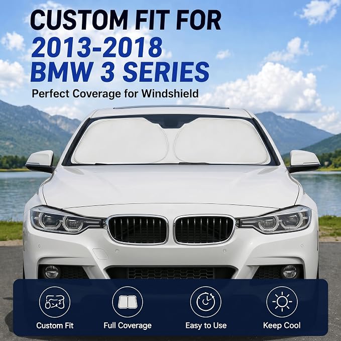 Custom Fit Windshield Sun Shade for BMW 3 Series 2013-2018 | Custom Fit Windshield Cover, Blocks UV Rays, Double-Layer Heat Shield, Durable Frame, Easy Fold & Storage