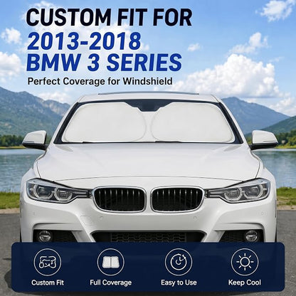 Custom Fit Windshield Sun Shade for BMW 3 Series 2013-2018 | Custom Fit Windshield Cover, Blocks UV Rays, Double-Layer Heat Shield, Durable Frame, Easy Fold & Storage
