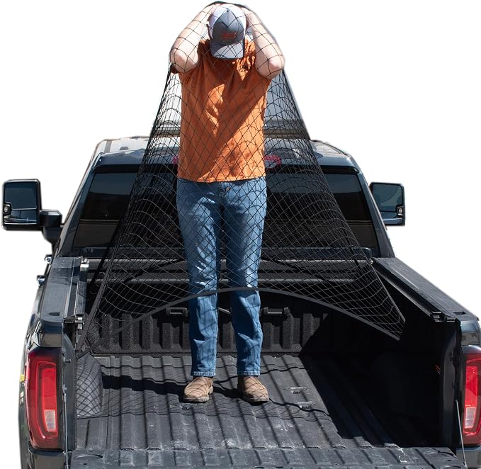 TacoNets Upgraded Highly Elastic Cargo Net, USA Company, Simple Truck Bed Cargo Mesh Organizer, Suitable for Light Loads, Heavy Duty Carabiners, 4'x4'