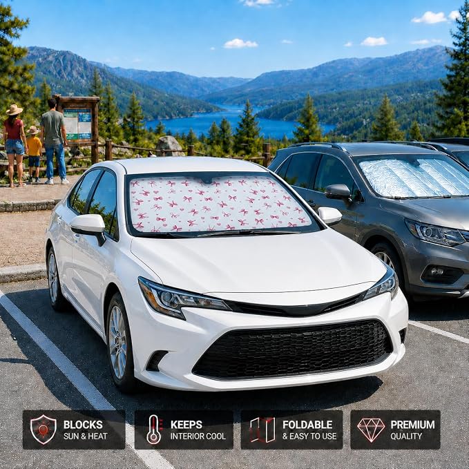 Car Windshield Sun Shade with Cute Heart Bow, Foldable Front Window Sunshade Universal Fits Sedan Compact Car Hatchback SUV, UV Heat Protection - 59 x 27.5