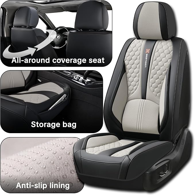 Car Seat Cover Set, Interior Accessories, Black and Gray, Waterproof Leather, With Lumbar Support, Airbag Compatible, Non-slip, 5-Piece Full Set, Pet-Friendly Car Seat Covers, Fits Most Vehicle Models