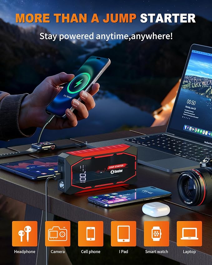 Jump Starter, 5000A Battery Jumper Starter Portable, Car Battery Jump Starter, Power Booster Pack 12V Lithium Jump Box with Jumper Cable and LED Lights (All Gas / 12L Diesel Engines)