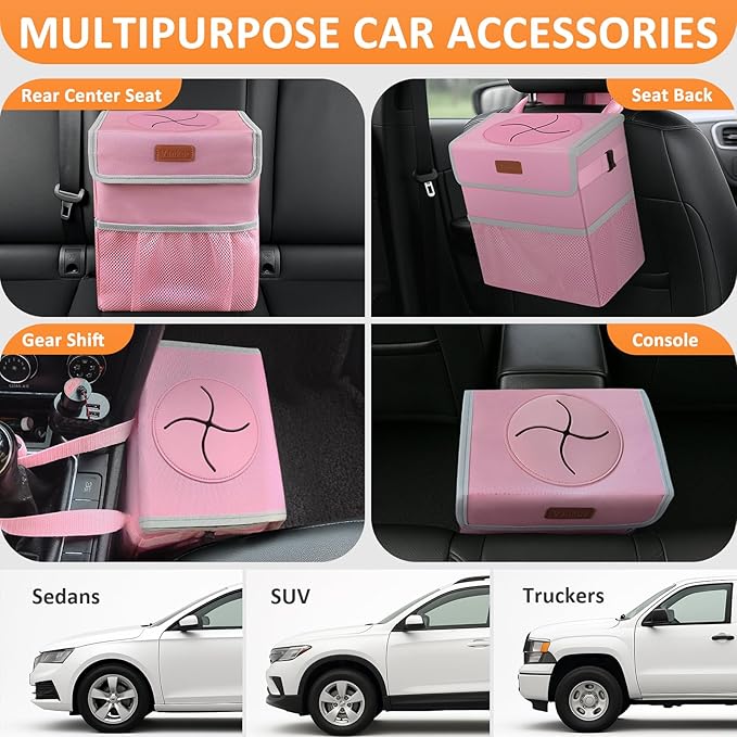 Vankor 3 Gallons Car Trash Can with Lid, Car Trash Bag Bin Hanging Waterproof Automotive Garbage Cans Leak Proof Vehicle Trash Can Pink
