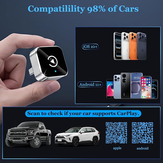 2026 Upgraded Wireless CarPlay & Android Auto Adapter, Fast Connection, Universal Fit for Most Wired Original Car Systems, Mini Portable Car Smart Adapter