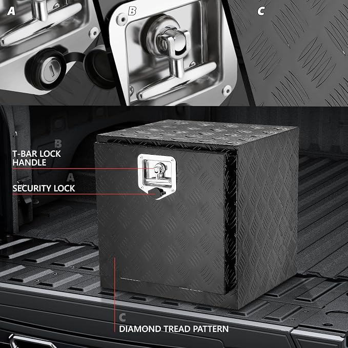 DNA MOTORING Lockable Tool Box for Truck Bed, Aluminum Storage Organizer w/Lock & Keys, 18" L X 18" D X 17.7" H Silver, TBOX-T5-013-BK