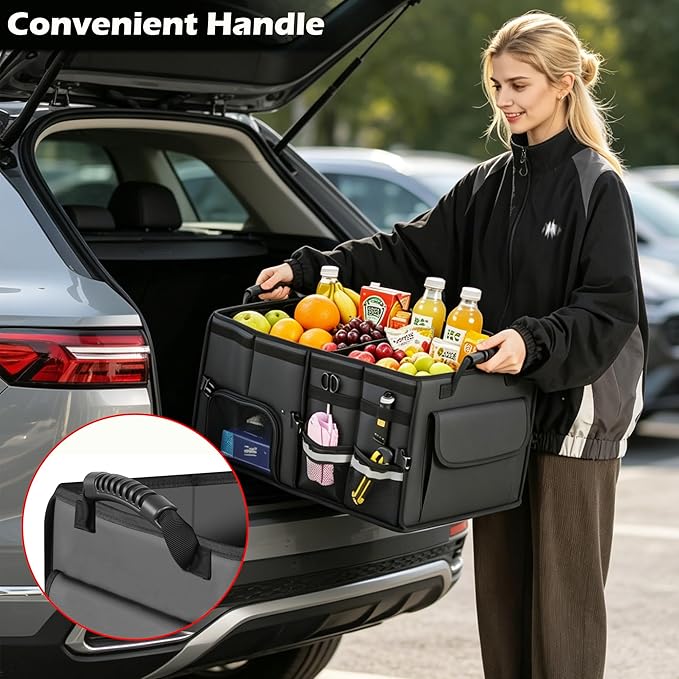 Trunk Organizer Car Organizer Leather Storage Box Foldable Trunk Organizer for SUVs & Sedans Sturdy Car Organization for Car Accessories, Tools, Sundries, Collapsible and Adjustable, 23.6 Inch