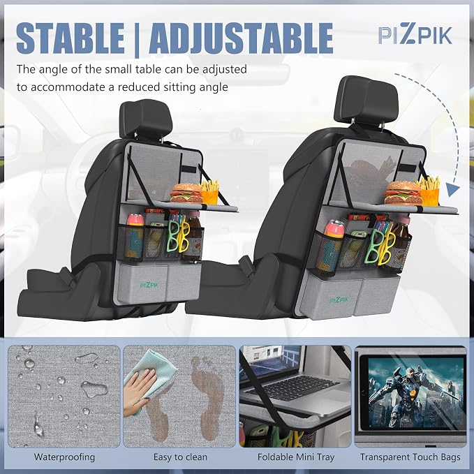 Plzpik Car Backseat Organizer with Tablet Holder,11 Storage Pockets with Foldable Food Tray, Protector Kick Mats for Kids, Travel Accessories Organizer (Gray, 2Pack with Food Tray)