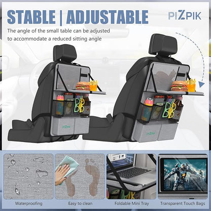 Plzpik Car Backseat Organizer with Tablet Holder,11 Storage Pockets with Foldable Food Tray, Protector Kick Mats for Kids, Travel Accessories Organizer (Gray, 1Pack)