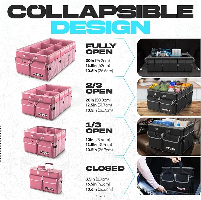 FORTEM Trunk Organizer with Cooler For SUV Car Trunk, Foldable Storage, Car Accessories for Women Men, Collapsible Bag, 600D Oxford, Non Slip Bottom, Straps, Soft Cover (105L)