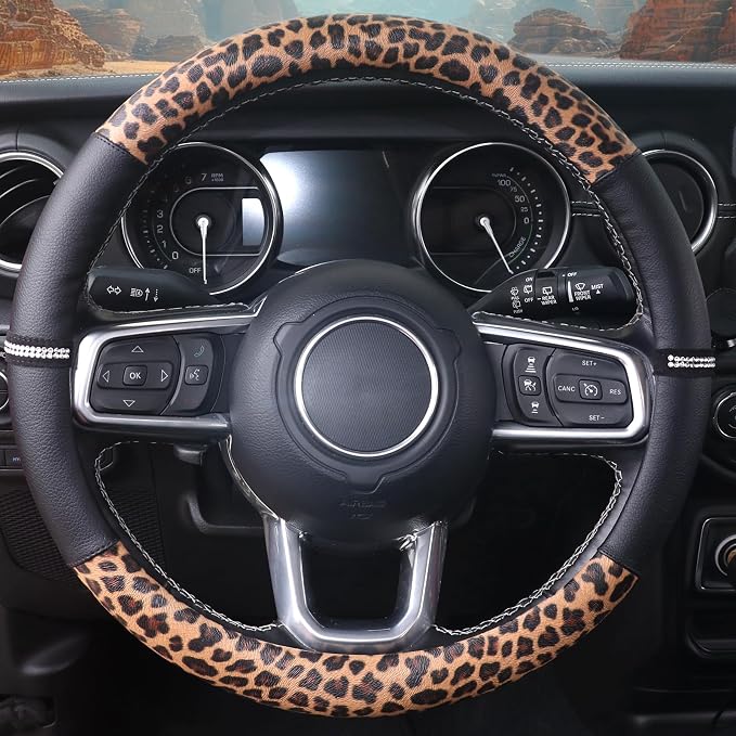 Leopard Steering Wheel Cover Leather 14.5-15 Inch, Bling Rhinestones, Anti-Slip Design, Universal Fit for Cars, SUVs, Cute Decoration for Women