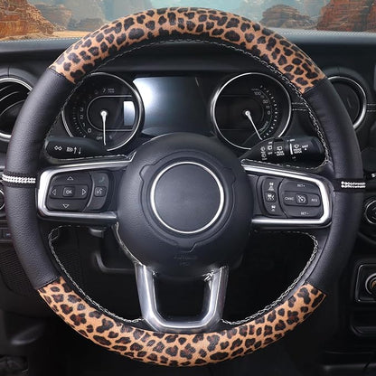 Leopard Steering Wheel Cover Leather 14.5-15 Inch, Bling Rhinestones, Anti-Slip Design, Universal Fit for Cars, SUVs, Cute Decoration for Women