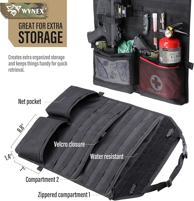 WYNEX Car Seat Organizer, Molle Backseat Cover Organizer Protector with Sling Rack, Visual Pocket and Patch, Universal Vehicle Fits for F150, Jeeps, Pickups & Trucks for Road Trips