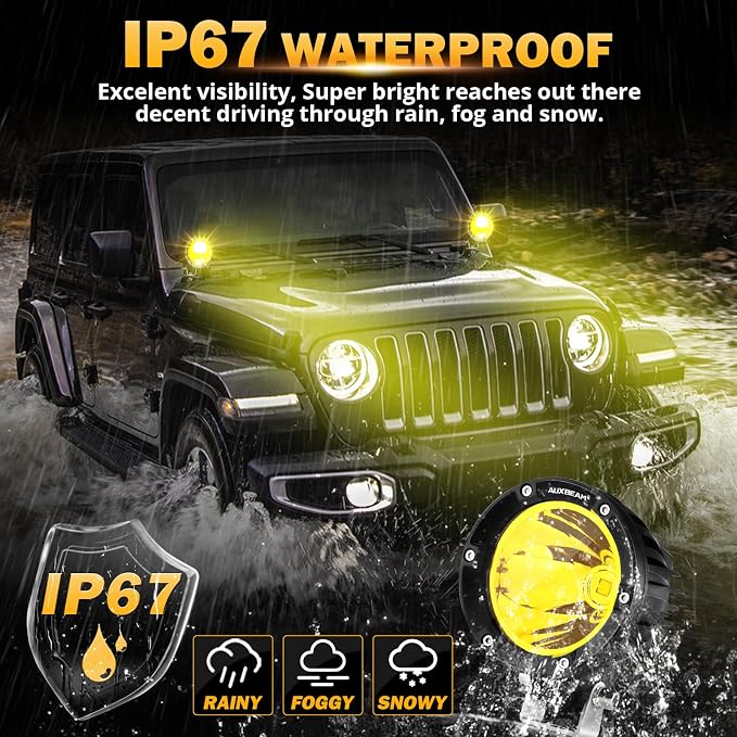 Auxbeam C4 Series LED Pods 4In 72W Amber Fog Light, Round Spot Offroad Light, 2PCS 7200LM Amber Light Pod with Wiring Harness Kit, Driving Light Yellow Ditch Light for Jeep Motor SUV ATV UTV Wrangler