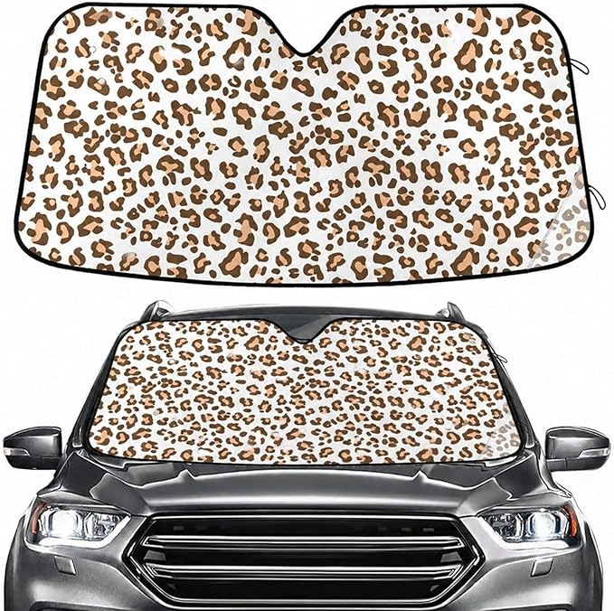 Brown Leopard Print Windshield Sun Shade for Car Auto SUV Truck Foldable Front Window Sunshade Sun Visor Protector Block UV Rays Reflect Heat, 55" x 28"