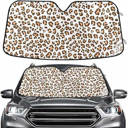 Brown Leopard Print Windshield Sun Shade for Car Auto SUV Truck Foldable Front Window Sunshade Sun Visor Protector Block UV Rays Reflect Heat, 55" x 28"