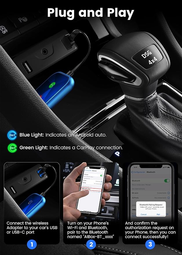 2 in 1 Carplay Wireless Adapter, Converts Wired to Wireless Carplay Adapter for iPhone/Android Auto Wireless Adapter, Near-Zero Latency, Plug and Play for Cars from 2017,Compatible iOS 10+/Android 11+