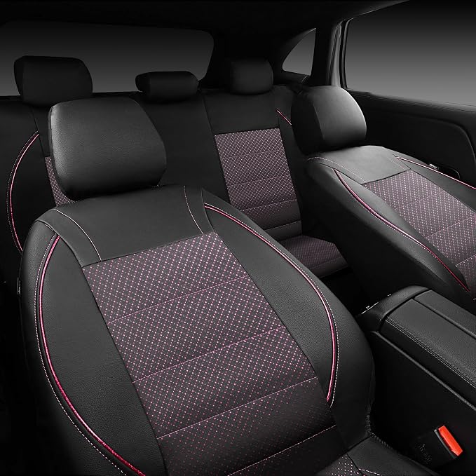 CAR PASS Piping PU Leather Car Seat Cover Full Set,Inside Zipper Design and Reserved Opening Holes，Airbag Compatible,Universal FIT for Car, SUVs,Van,Trucks（Full Set, Black & Pink）