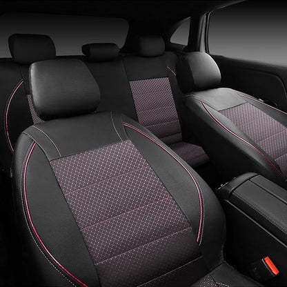 CAR PASS Piping PU Leather Car Seat Cover Full Set,Inside Zipper Design and Reserved Opening Holes，Airbag Compatible,Universal FIT for Car, SUVs,Van,Trucks（Full Set, Black & Pink）