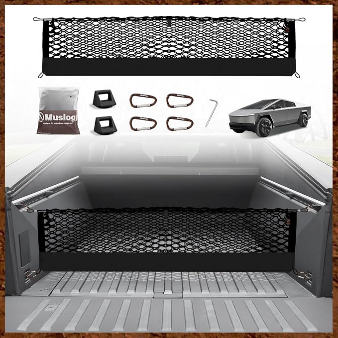 Muslogy Truck Bed Cargo Net Trunk Netting Compatible with Tesla Cybertruck 2024 2025 2026 Accessories, Pickup Cargo Organizer SUV Sedan Storage Net w/Heavy Duty Carabiners