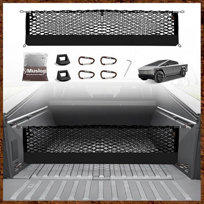Muslogy Truck Bed Cargo Net Trunk Netting Compatible with Tesla Cybertruck 2024 2025 2026 Accessories, Pickup Cargo Organizer SUV Sedan Storage Net w/Heavy Duty Carabiners