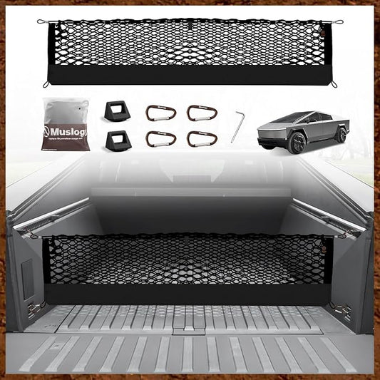 Muslogy Truck Bed Cargo Net Trunk Netting Compatible with Tesla Cybertruck 2024 2025 2026 Accessories, Pickup Cargo Organizer SUV Sedan Storage Net w/Heavy Duty Carabiners