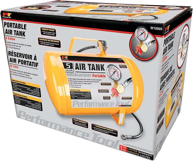 Performance Tool W10005 Hi-viz 5-Gallon Horizontal Portable Air Tank With Tire Air Chuck , Yellow