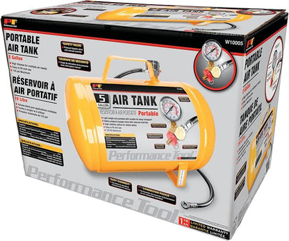 Performance Tool W10005 Hi-viz 5-Gallon Horizontal Portable Air Tank With Tire Air Chuck , Yellow