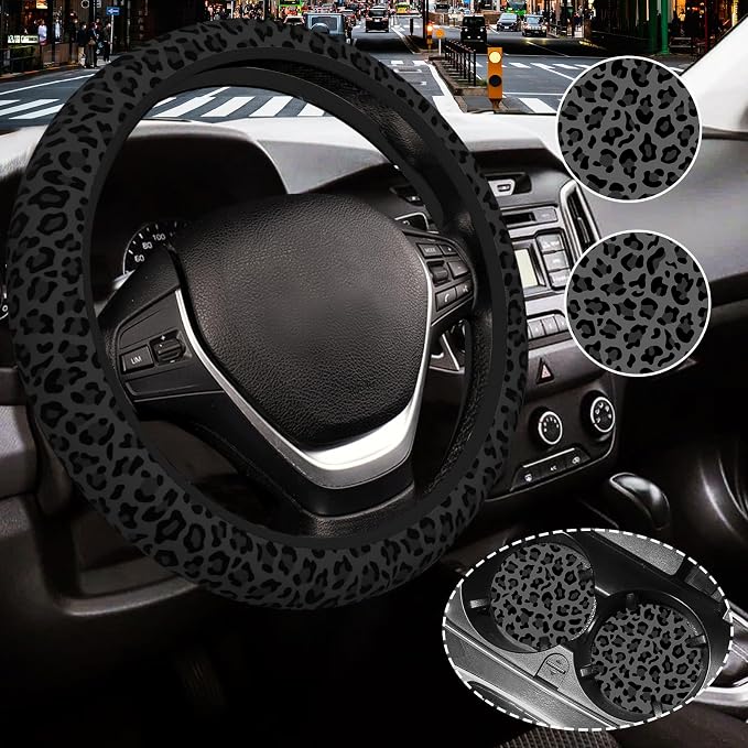 Black Leopard Print Cheetah Elastic Steering Wheel Cover for Women,Universal Auto Steering Wheel 14-15 Inch Car Interior Accessories with 2PCS Car Coasters,Suitable for Men and Women