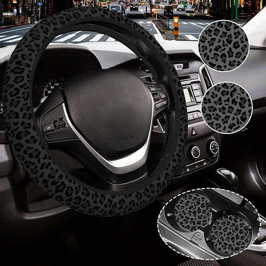 Black Leopard Print Cheetah Elastic Steering Wheel Cover for Women,Universal Auto Steering Wheel 14-15 Inch Car Interior Accessories with 2PCS Car Coasters,Suitable for Men and Women